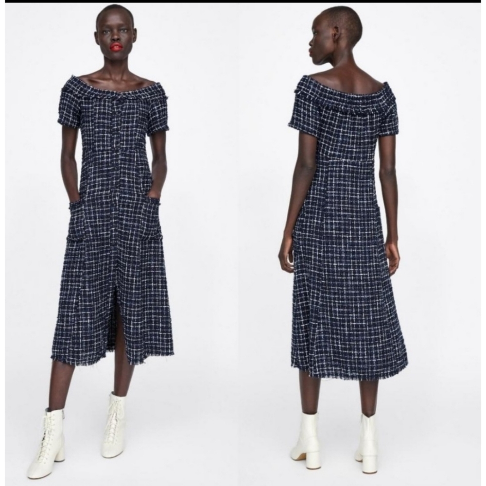 BNWT Zara Navy and White Tweed Midi Dress